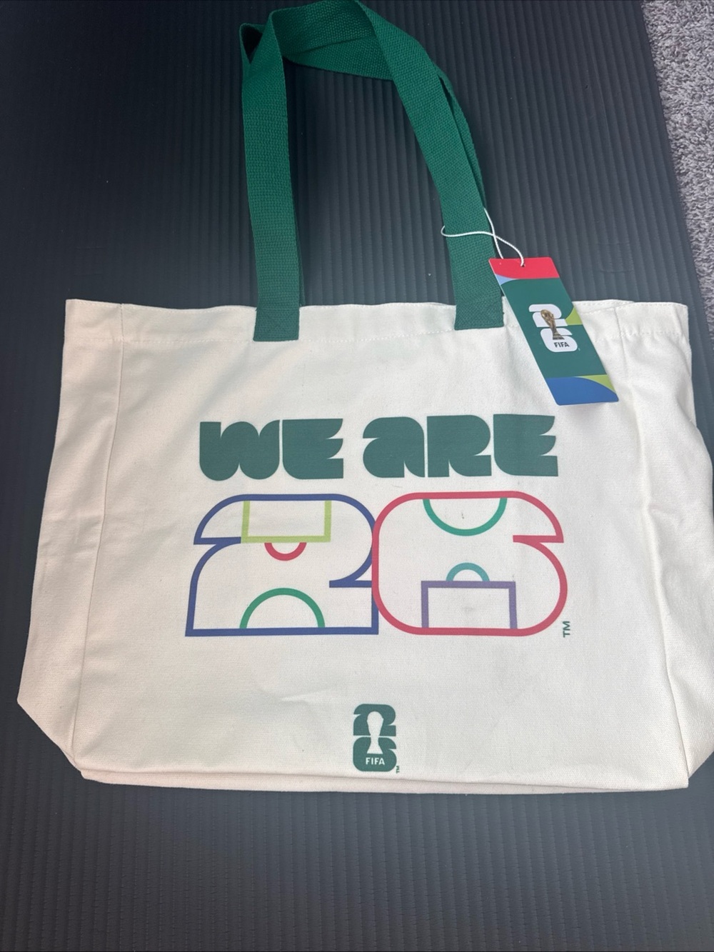'FIFA World Cup We Are 26' Cream Canvas Tote with Green Straps